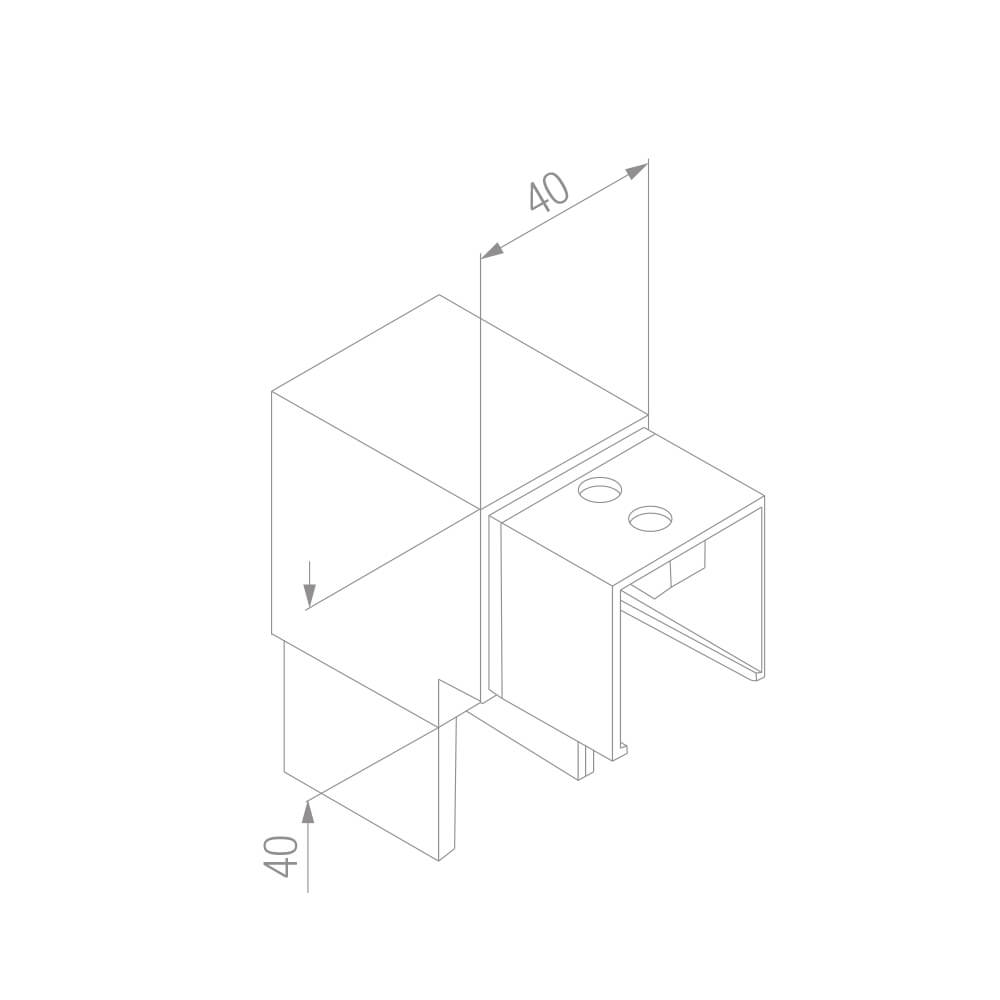 vertikaler Nutrohr-Eckverbinder mit 90° Winkel für eckige Nutrohre mit 40x40mm