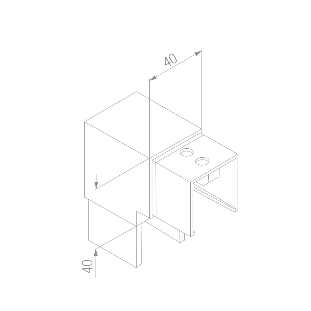 vertikaler Nutrohr-Eckverbinder mit 90° Winkel für eckige Nutrohre mit 40x40mm