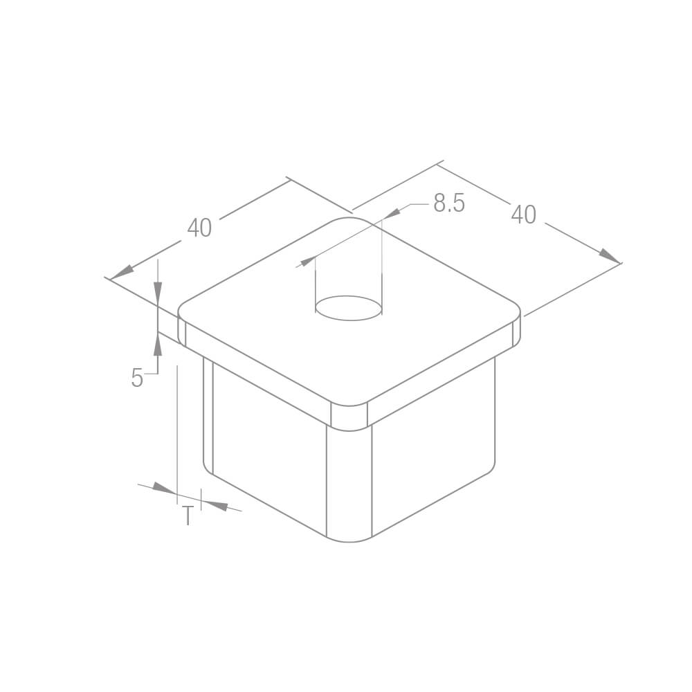 Endkappe aus Edelstahl mit einer Größe von 40x40mm und 8,5mm Bohrung für Formrohre mit 40x40mm