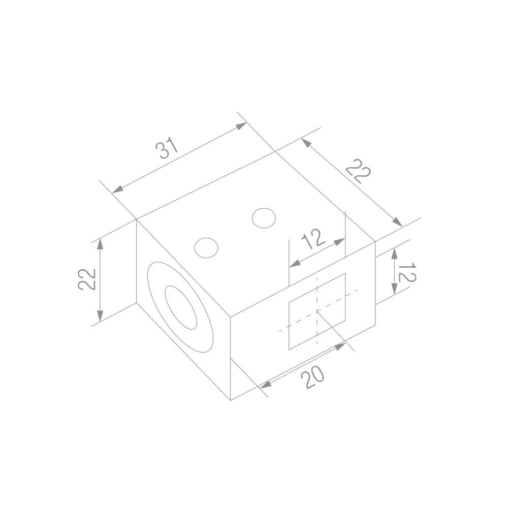 Eckiger Querstabhalter aus Edelstahl für Vierkantstäbe mit einer Größe von 12x12mm zur Glasmontage