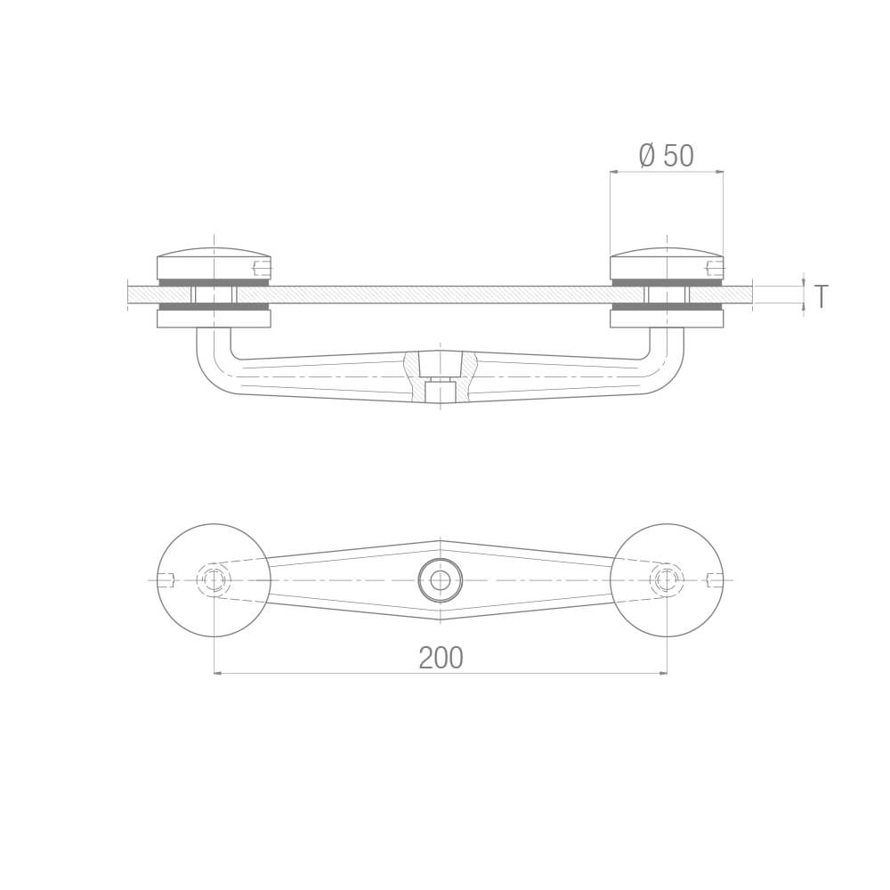2-armige Geländerspinne Edelstahl - Ø 50mm Punkthalter - Glasbohrung Ø 20mm - Glasstärke 8-14mm