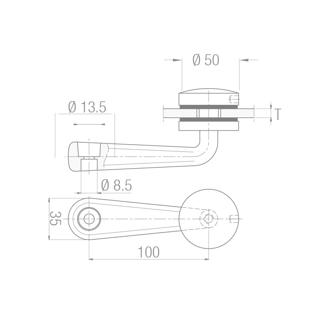 1-armige Geländerspinne Edelstahl - Ø 50mm Punkthalter - Glasbohrung Ø 20mm - Glasstärke 8-14mm