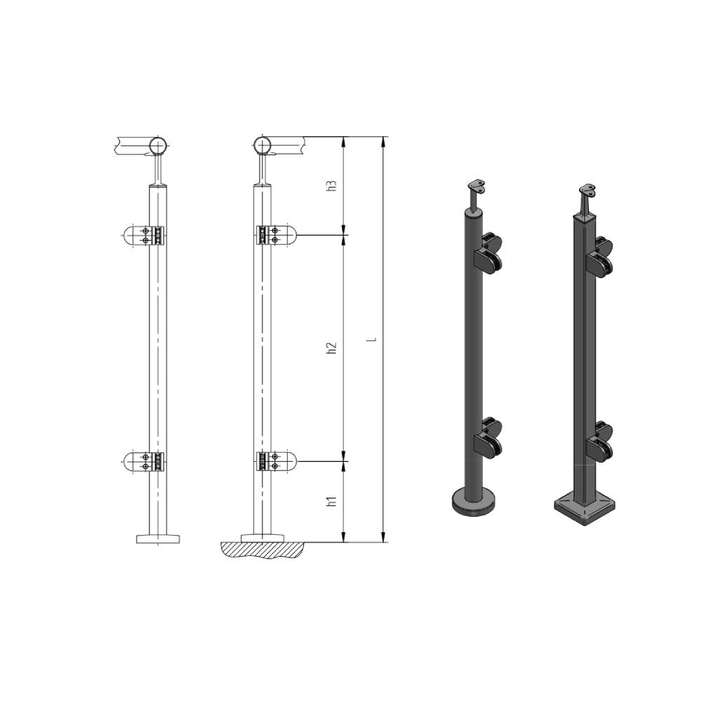 Edelstahlsteher Eckpfosten für Glasmontage - Robust und elegant. Perfekt für VSG Glas mit 2x4mm Stärke. D42,4mm, 100cm Höhe.