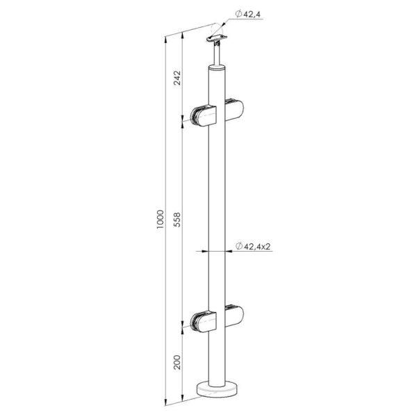 Edelstahlsteher Set Mittelpfosten fuer aufgesetzte Glasmontage_2 Edelstahlsteher Set Glasmontage 42,4 mm Edelstahlsteher für Glasgeländer. Einstellbare Neigung für 100 cm Höhe VSG 2x4mm