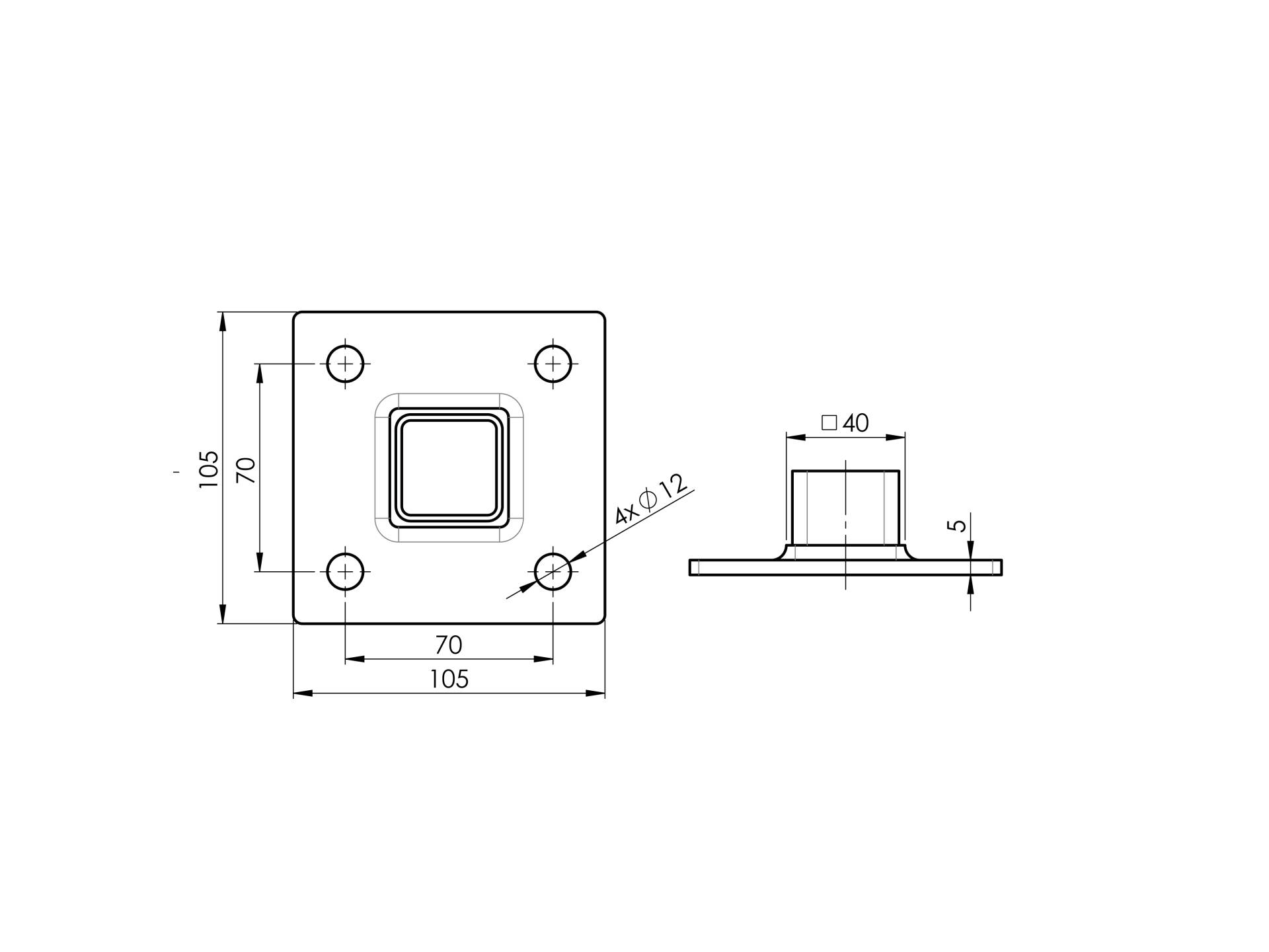 Flansch inkl. Madenschraube aus Edelstahl mit 105x105mm zur Befestigung von Formrohren