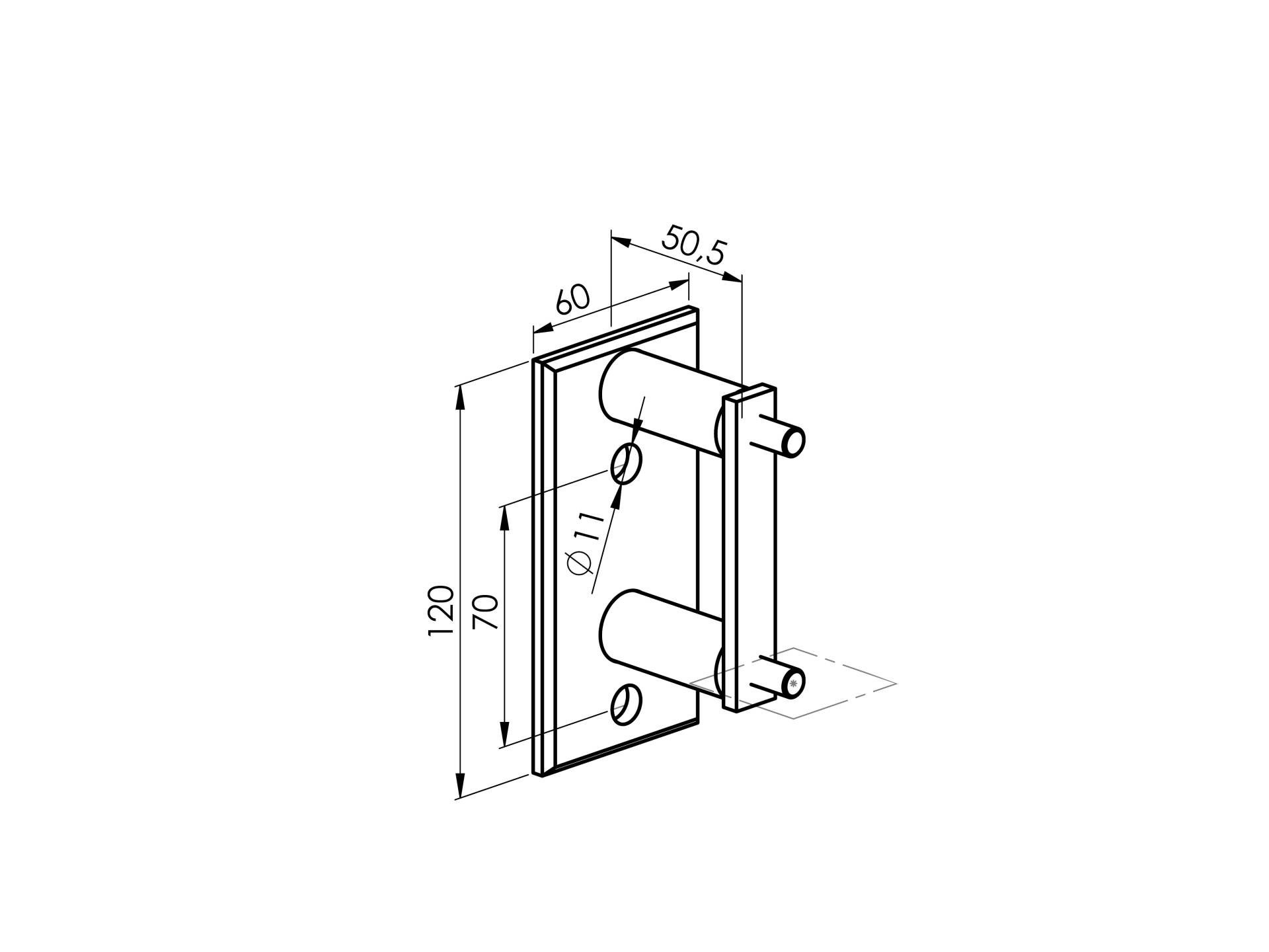 Flansch aus Edelstahl mit 120x60mm zur Befestigung von stirnseitigen Formrohr-Geländerpfosten