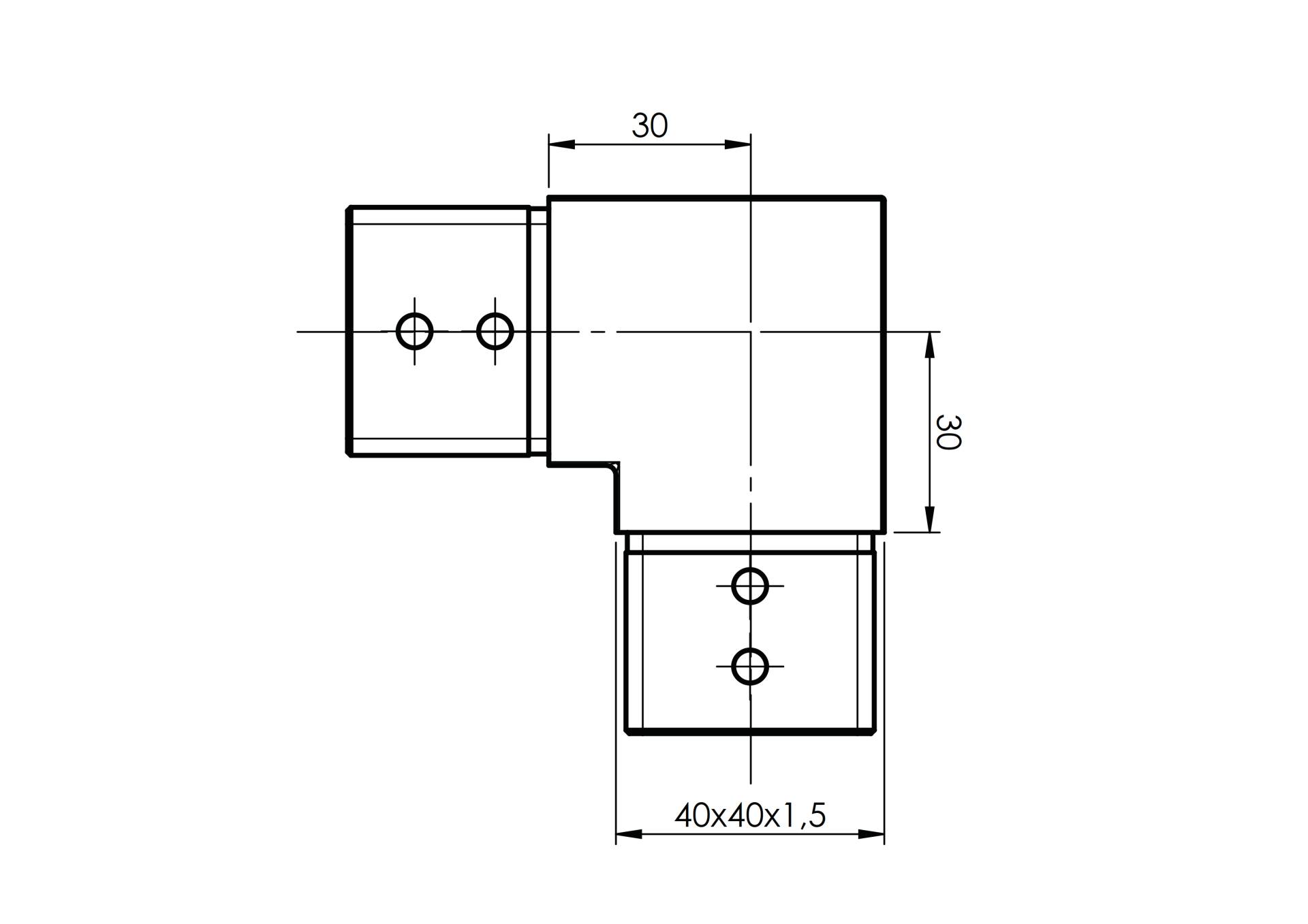 horizontaler Nutrohr-Eckverbinder mit 90° Winkel für eckige Nutrohre mit 40x40mm