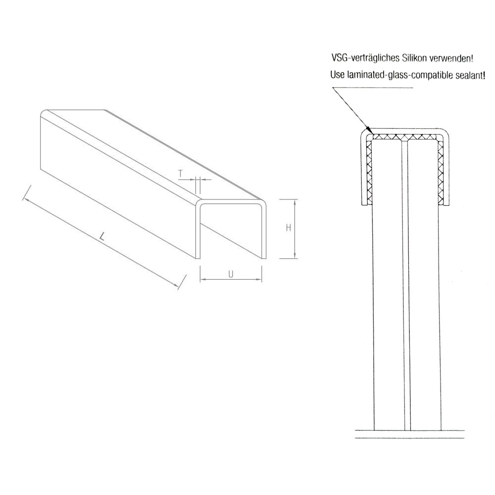 Edelstahl-U-Profil 20x21x20x1.5mm mit 5000mm Länge & 18/22mm Nutbreite