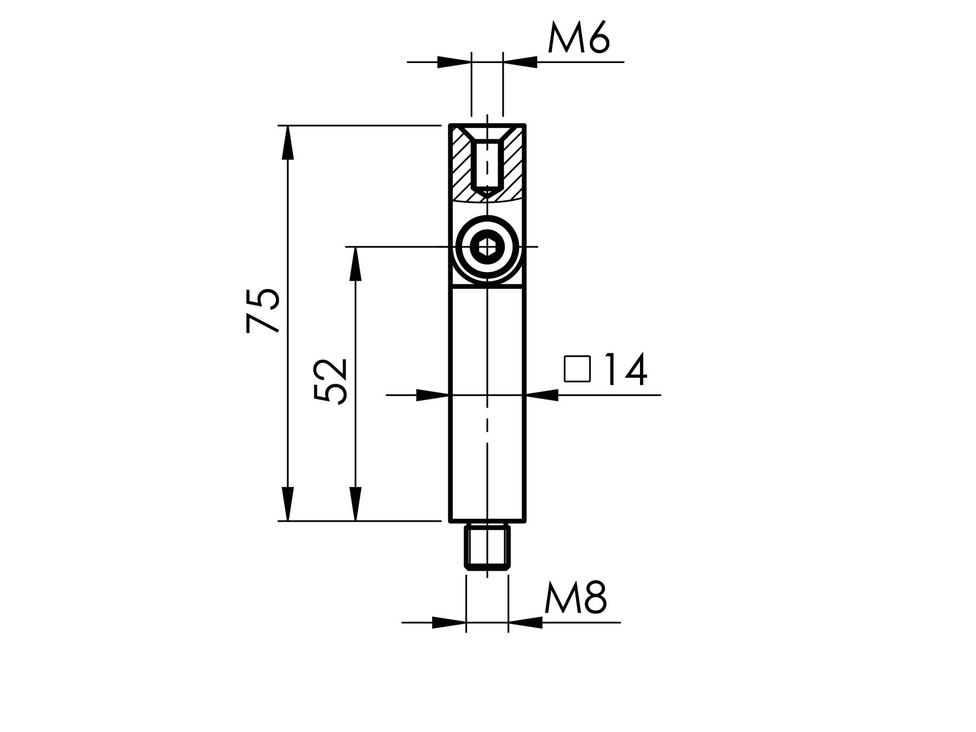 Verbindungsstift mit Gelenk aus Edelstahl 14x14mm Länge 75mm mit M8/M6 Innengewinde