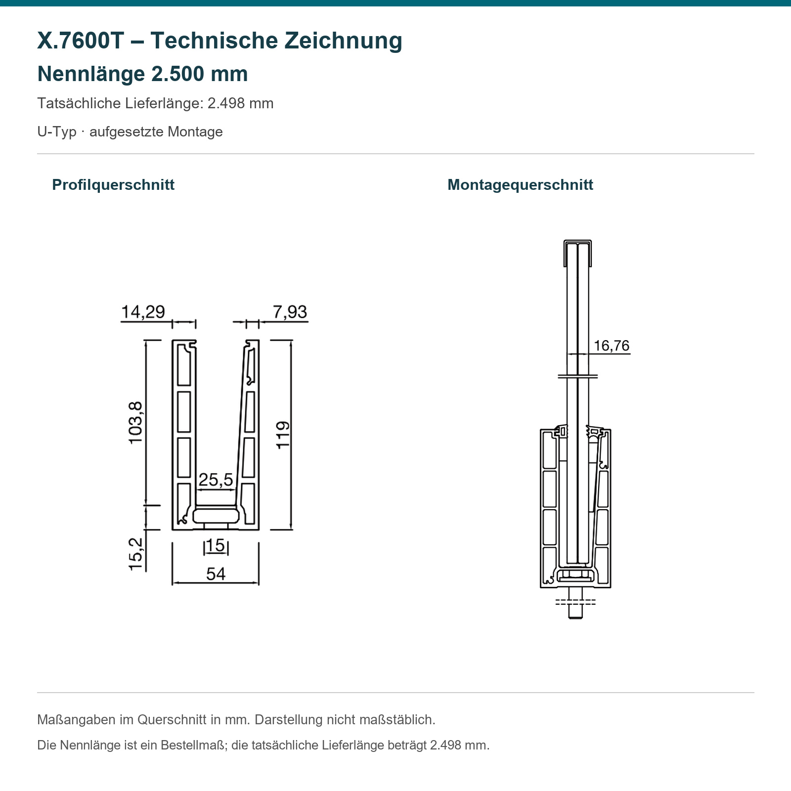 X.7600T technische Querschnitte – Nennlänge 2500 mm, Lieferlänge 2498 mm